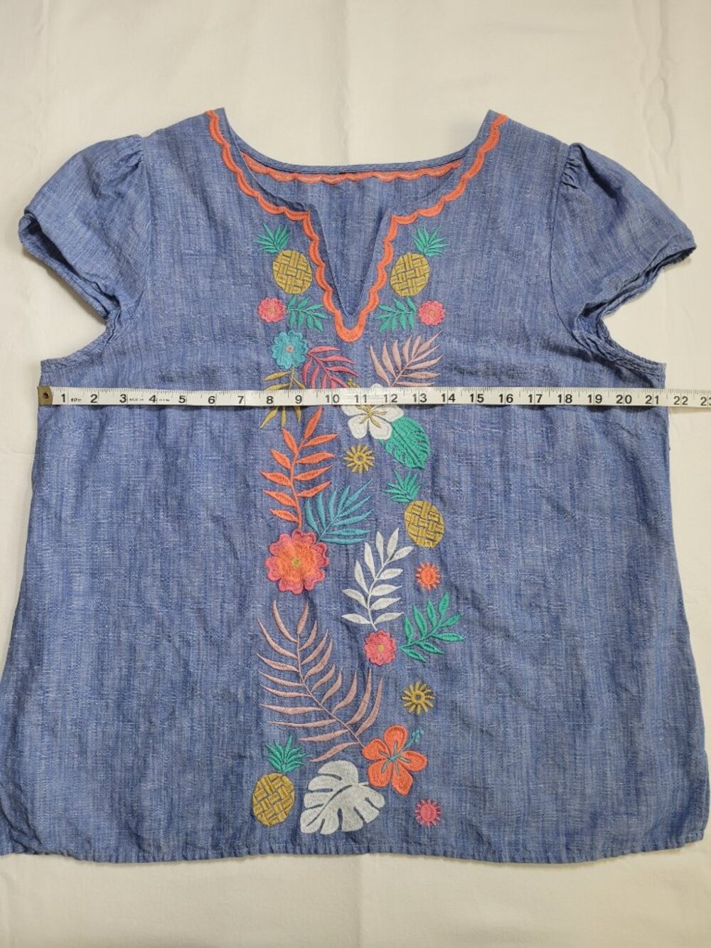 Talbots Embroidered Linen Blend Tropical Top Cap Sleeve Blue Floral Beachy Large - Picture 4 of 9